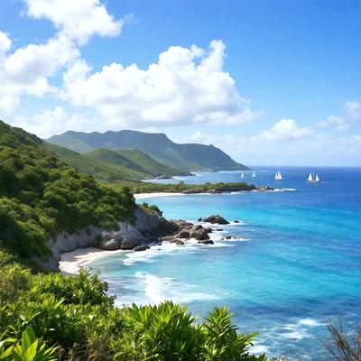 The image features a beautiful beach scene with a clear blue ocean and a lush green hillside. The primary subject is the ocean, which is filled with boats of various sizes, creating a picturesque view. The setting is a serene beach with a mountainous backdrop, adding to the overall atmosphere. The visual style is a realistic representation of the beach and ocean, with no indication of digital art or illustration. The colors and mood are predominantly blue and green, reflecting the natural beauty of the scene.